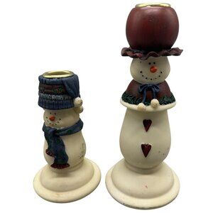 Christmas Snowman Candle Holders Family Hand Painted Resin Set of 2 READ